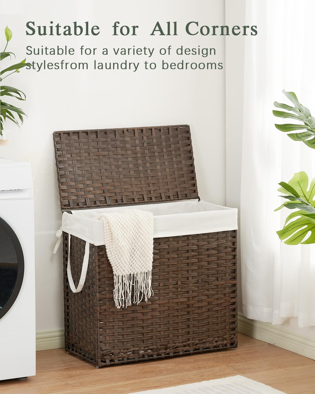 SETVSON Laundry Hamper with Lid Laundry Basket 132 L (35 Gal) Wicker Clothes Hamper, Handwoven Rattan Hamper with Handles and 4 Removable Liner Bags, 6 Mesh Bags for Laundry Bedroom Natural