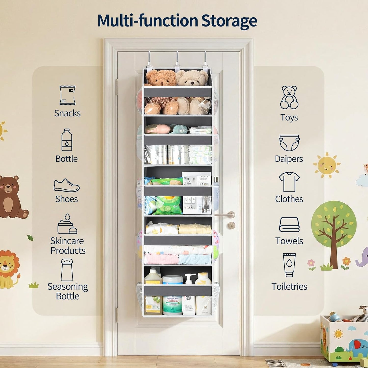 Yecaye Over the Door Organizer 5 Tiers, Heavy Duty Hanging Storage with 5 Large Clear PVC Pockets and 10 Side Pockets, 56lbs Capacity for Closet Door Bathroom Bedroom Nursery Dorm Laundry Room, Grey