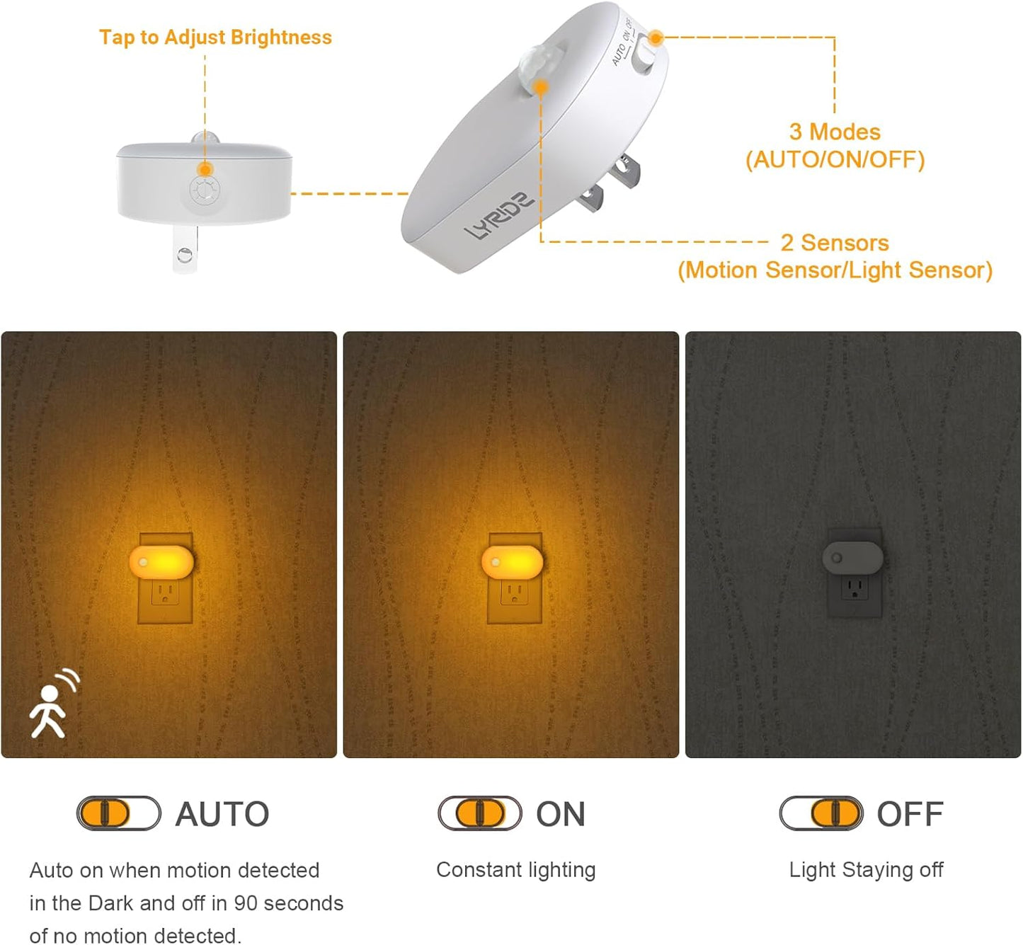 Lyridz 120LM Ultra Bright Plug-in Motion Sensor Night Light, Stepless Dimmable LED Nightlight, Always-On and Auto-Off, for Hallway, Stairs, Bathroom, Bedroom, Garage, Warm White (6-Pack)