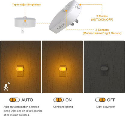 Lyridz 120LM Ultra Bright Plug-in Motion Sensor Night Light, Stepless Dimmable LED Nightlight, Always-On and Auto-Off, for Hallway, Stairs, Bathroom, Bedroom, Garage, Warm White (6-Pack)