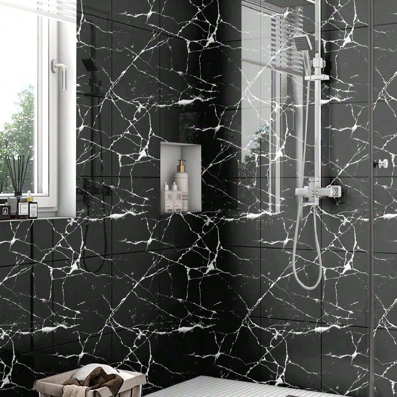 Chejiaye 10pcs Marble Peel and Stick Backsplash Waterproof Washroom Wall Panels, Peel and Stick Tile, PVC Foam Wall Panels for Kitchen,Bathroom,Living Room,Blue and Gold(Not Real Tile,11.8" x 11.8")