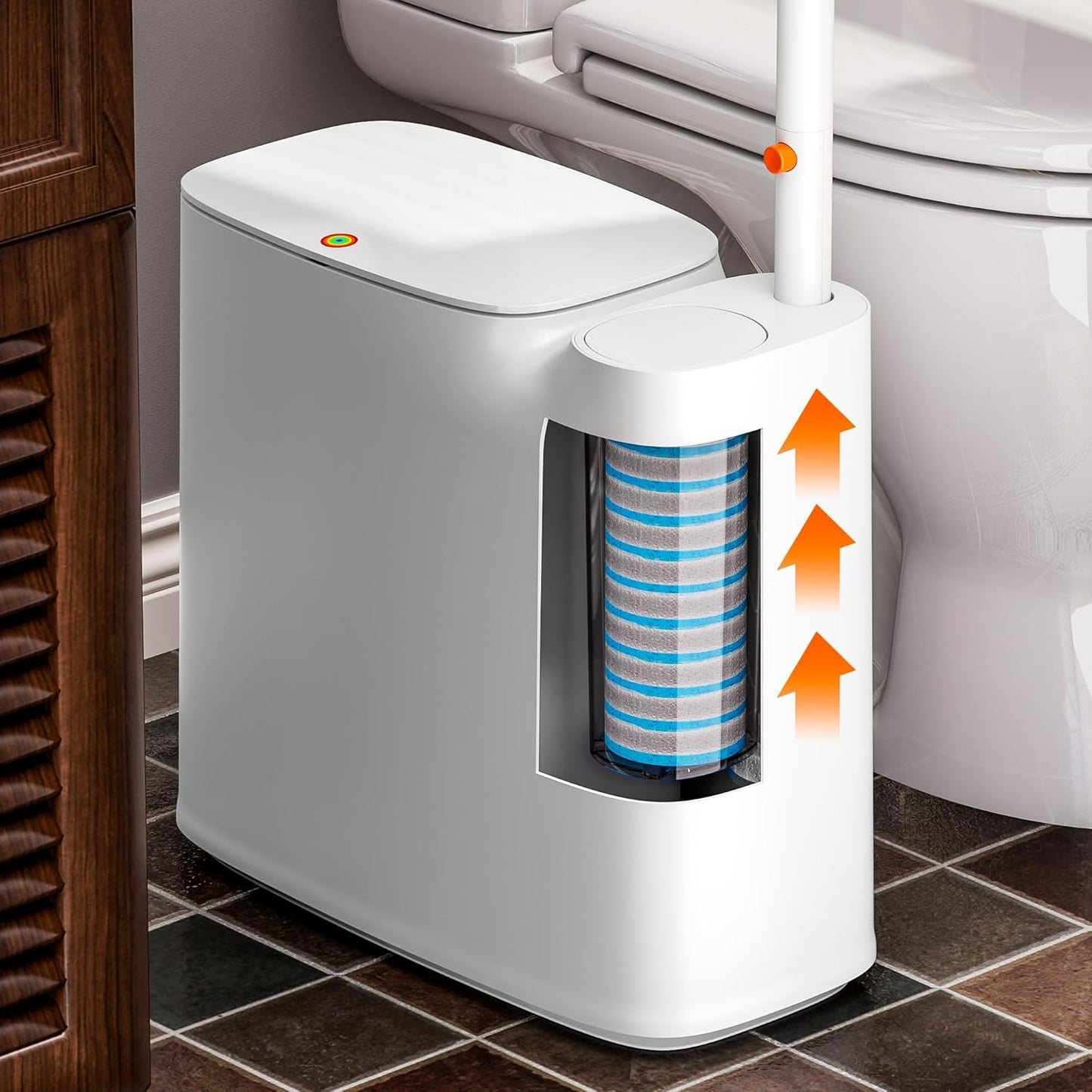 CTIME Bathroom Trash Can Set - Narrow White Plastic Small Trash can, a Toilet Wand, Toilet Brush Holder and 36 Refills, 2 Gallon Trash can with pop-up lid, Suitable for bathrooms and Small Toilets.