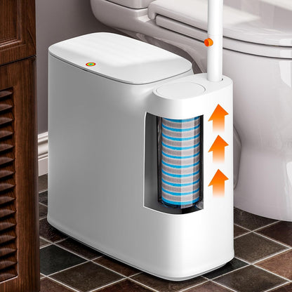CTIME Bathroom Trash Can Set - Narrow White Plastic Small Trash can, a Toilet Wand, Toilet Brush Holder and 36 Refills, 2 Gallon Trash can with pop-up lid, Suitable for bathrooms and Small Toilets.