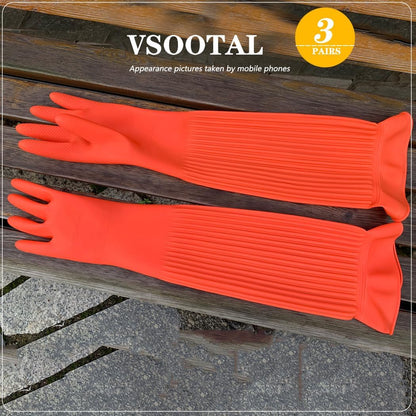 3 Pairs Household Extra Long Kitchen Gloves for Washing Dishes，20.05inches Rubber Cleaning Gloves，Reusable Latex Living Wash Gloves，Long Sleeves(Large, Red)