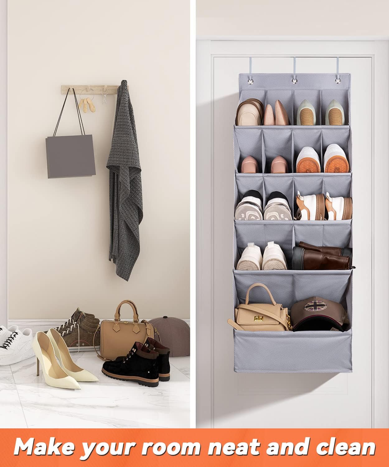 FENTEC 1 Pack Over-the-Door-Shoe-Organizers,Hanging Organizers with Large Pocket Shoe Holder Hanging Shoe Rack for Closet Shoe Organizer for Wall, Over Door Organizer with 15 Pockets Gray