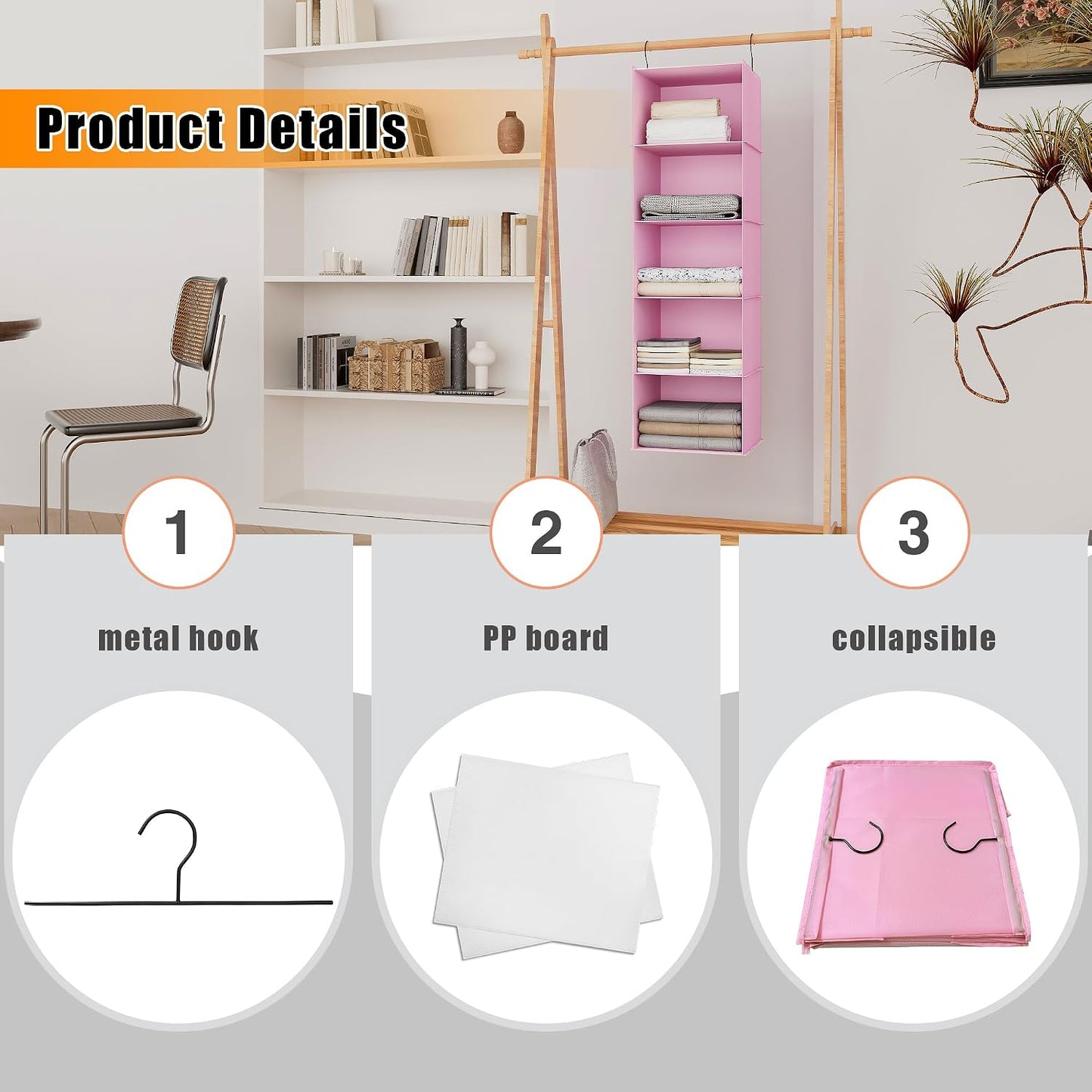 Hanging Closet Organizer 3-Shelf, Oxford Fabric Wardrobe Storage, Gray | Easy-mount foldable design holds clothes, handbags, shoes & accessories; washable Oxford fabric, sturdy and space-saving.
