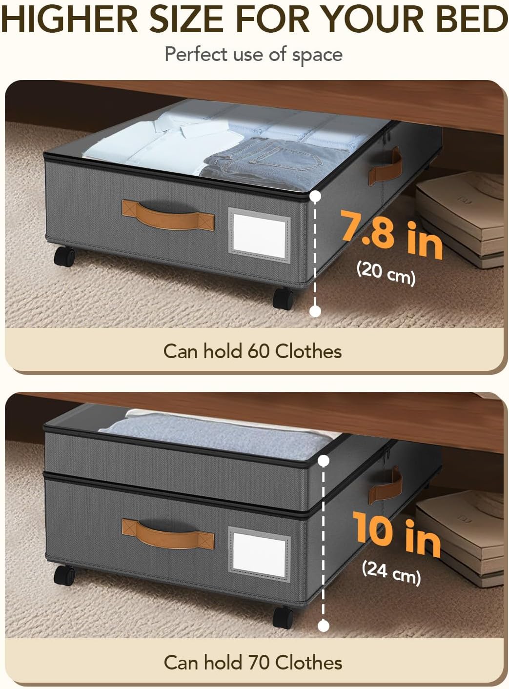 Under Bed Storage with Wheels, 10 inches Under Bed Storage Containers, 65L XXL Large Adjustable Underbed with Lids, Rolling Underbed Storage bins for Shoes, Clothes, Blankets, White