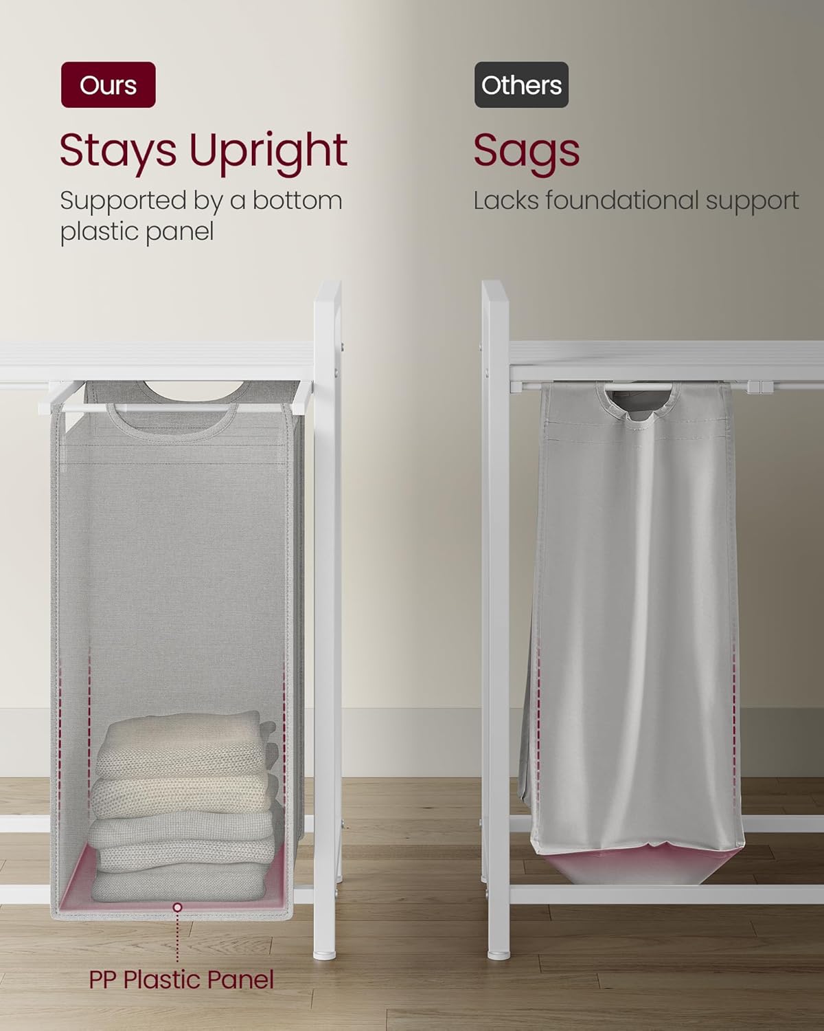 VASAGLE Laundry Hamper, Laundry Basket Sorter with 3 Pull-Out and Removable Bags, Shelf, Metal Frame, 3 x 10.6 Gallons (40 L), 36.4 x 13 x 28.4 Inches, Cappuccino Beige and Natural Beige UBLH301LH01
