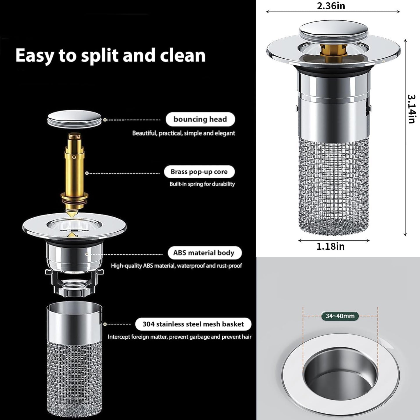 Stainless Steel Floor Drain Filter,Bathroom Sink Stopper Hair Catcher with Removable Stainless Steel Filter Basket Hair Catcher,Isolate Odor Pop Up Sink Drain Filter（2Pcs） (2Pcs)