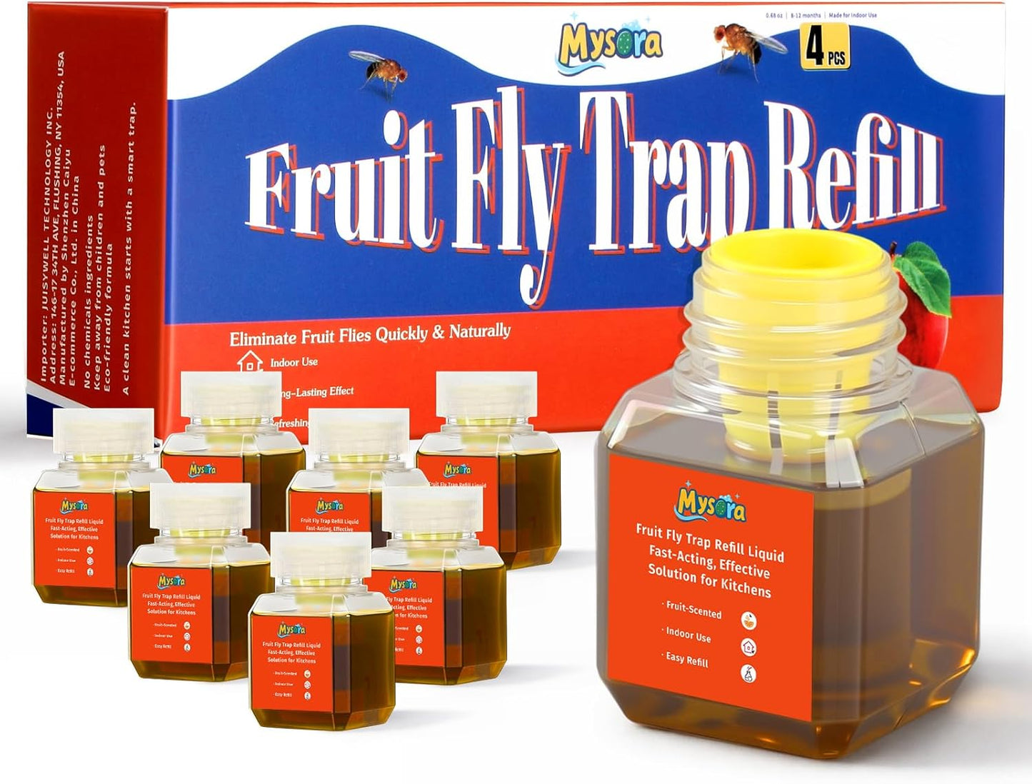 4 Pack Fruit Fly Trap Refill Liquid, with Funnel, 0.68 Ounces Per Bottle, Effective Fruit Fly Bait Refill, Suitable for Indoor Use, Kitchen Countertops, Home Environments, Non-Toxic