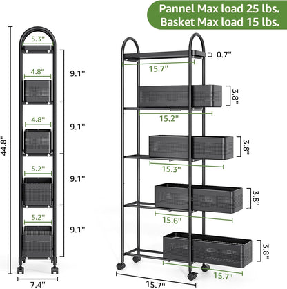 KINGRACK Slim Storage Cart with Drawer, 5-Tier Rolling Utility Cart on Wheels, Narrow Metal Cart for Space Save, Easy Assembly for Kitchen Cart, Craft Cart, Laundry, Bathroom, Nursery Organizer