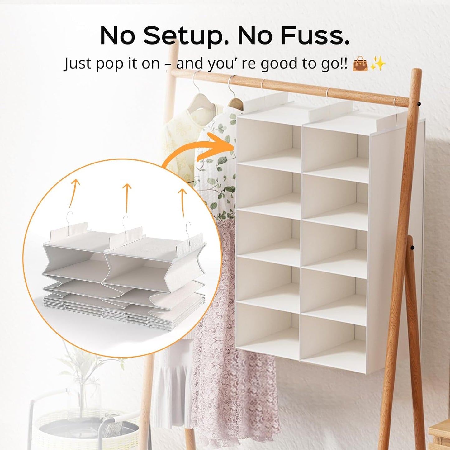 ALLTIDYUP Grey 5-Tier Hanging Closet Storage Organizer - Space-Saving Dual-Row Foldable Shelves with 3 Hooks, Wardrobe Organizer for Dorm, Bedroom, Clothes and Accessories