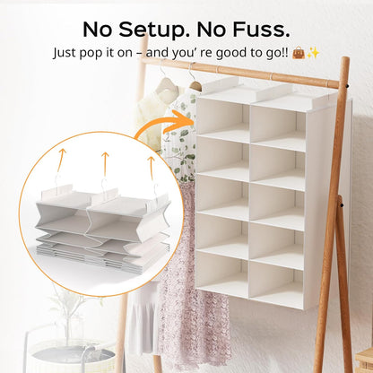 ALLTIDYUP Grey 5-Tier Hanging Closet Storage Organizer - Space-Saving Dual-Row Foldable Shelves with 3 Hooks, Wardrobe Organizer for Dorm, Bedroom, Clothes and Accessories