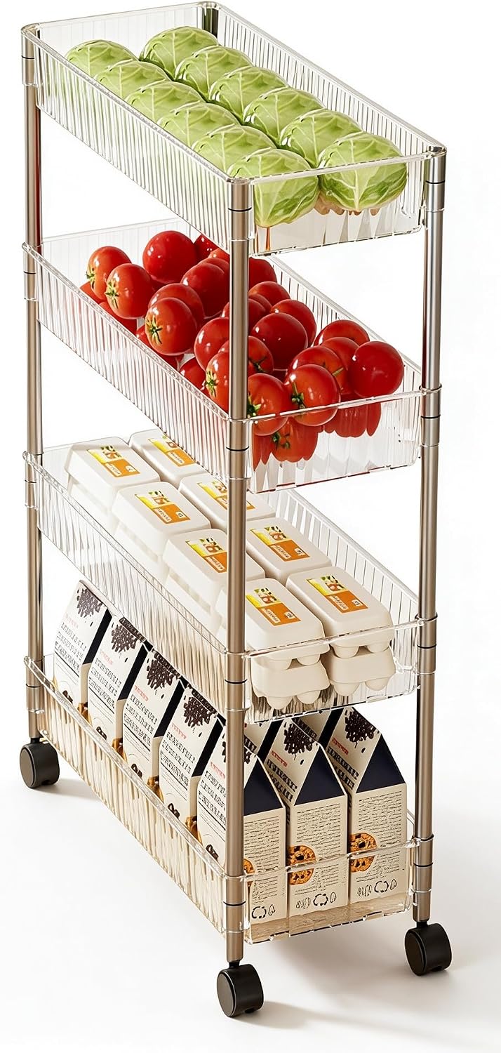 Sooyee 3 Tier Rolling Cart with Wheels, Slim Storage Cart, Under Desk Narrow Rolling Utility Cart Storage Organizer for Office Bathroom Kitchen Laundry Room Narrow Places, White, Plastic and Metal