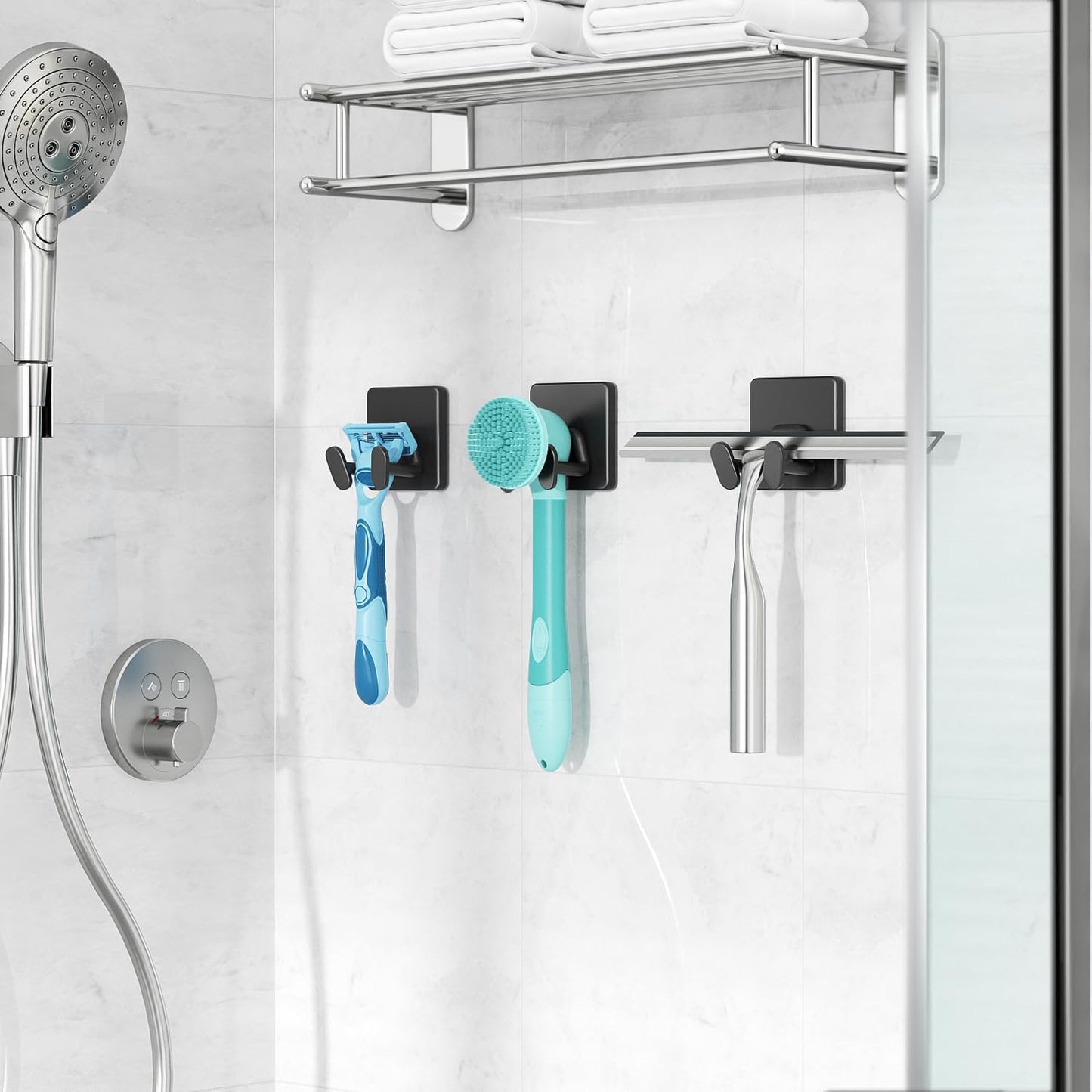 susswiff Shower Hooks for Inside Shower - Extra Sticky Stainless, Razor Holder Accessories, Wall Mounted Self-Adhesive Double Hooks for Razor, Loofah, Towel, Shaver, Coat, Key, Silver 6 Pack