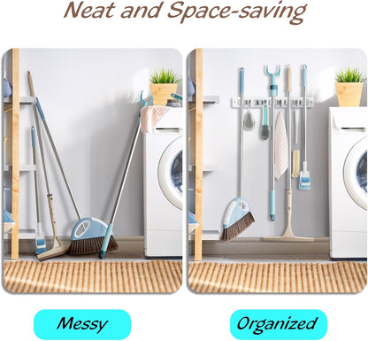 OUTNILI Mop and Broom Holder Wall Mount - Wood Broom Mop Hanger - Wall Mounted Garden Tool Rack Organizer for Closet Garage Laundry Room for Rustic Kitchen Decor With 5 Slots & 4 Hooks