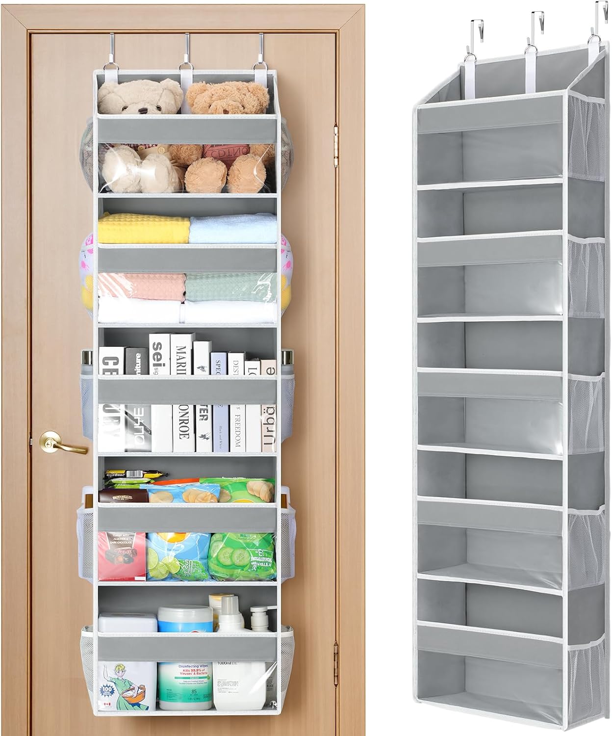 Yecaye Over the Door Organizer 5 Tiers, Heavy Duty Hanging Storage with 5 Large Clear PVC Pockets and 10 Side Pockets, 56lbs Capacity for Closet Door Bathroom Bedroom Nursery Dorm Laundry Room, Grey