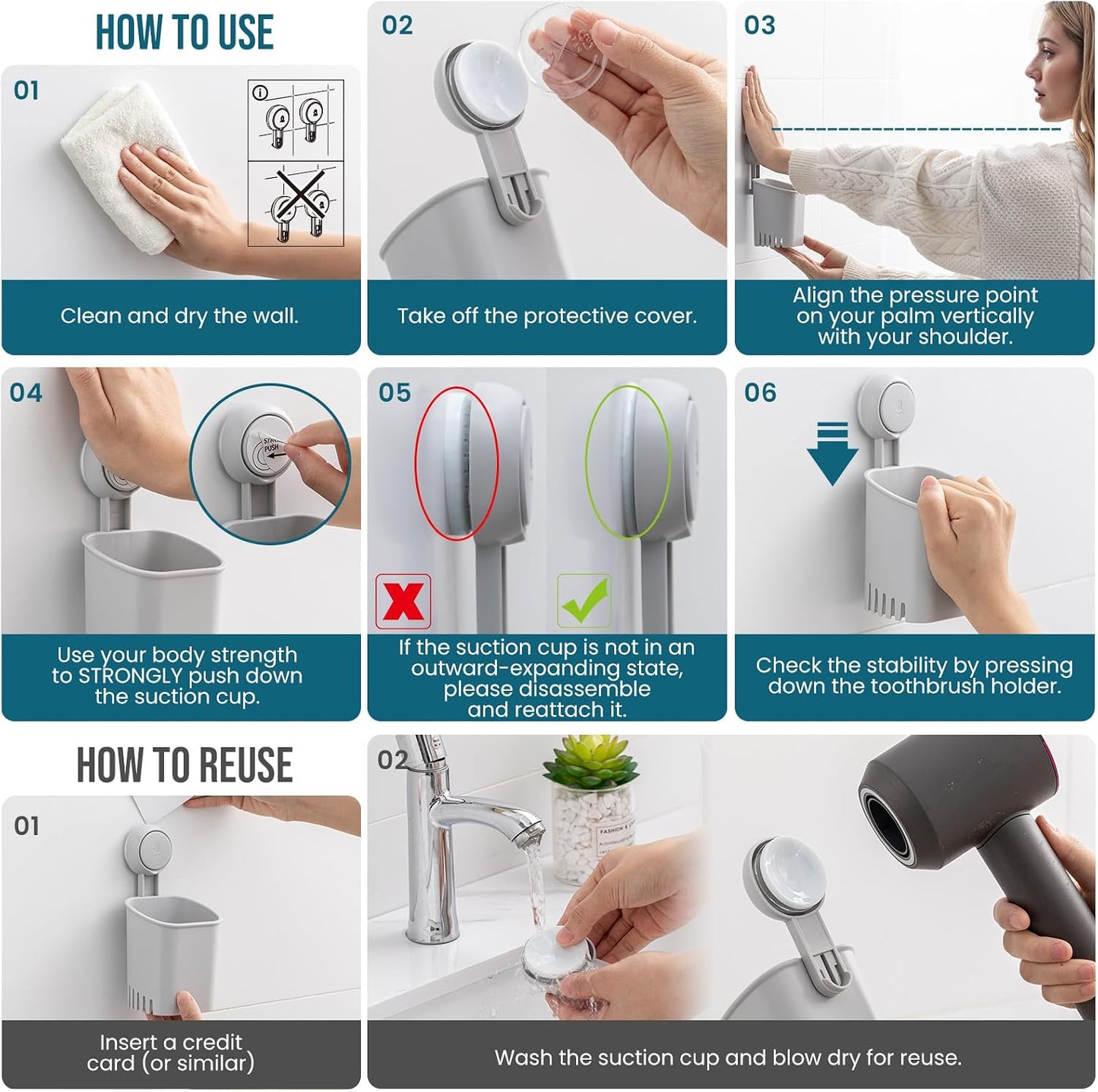 TAILI Upgraded Bathroom Mirror Suction Cup Toothbrush Holder with Razor Hook, Visible Safety Indicator, Large Capacity Inverted Trapezoid Design, Removable Shower Caddy for Toothbrush, Toothpaste, etc