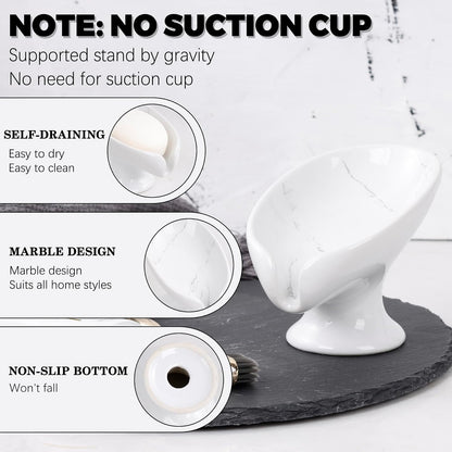 Small Soap Dish, Self Draining Bar Soap Holder for Bathroom Sink, Leaf Shaped Drainage Ceramic with Marble-Pattern Finish, Decorative Soap Dish, No Suction Cup, ANTIS'S HOME