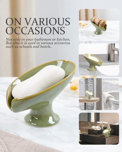 Small Soap Dish, Self Draining Bar Soap Holder for Bathroom Sink, Leaf Shaped Drainage Ceramic with Marble-Pattern Finish, Decorative Soap Dish, No Suction Cup, ANTIS'S HOME