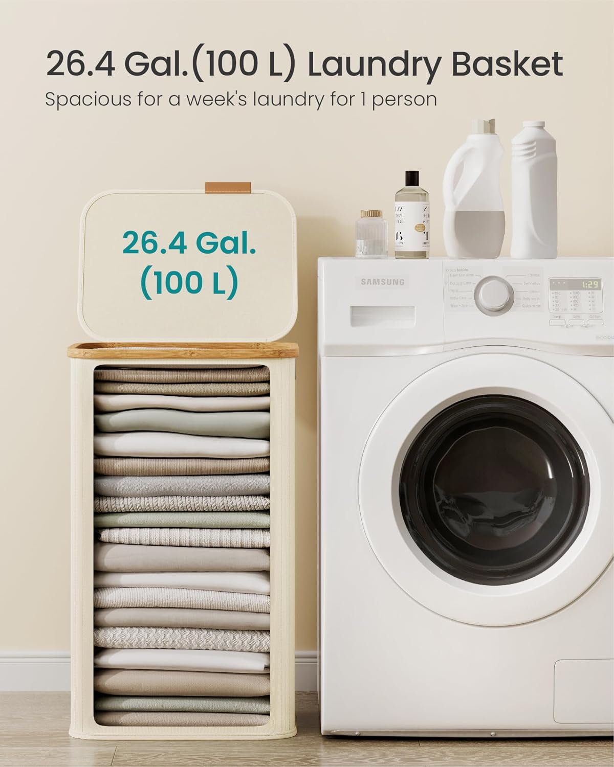 SONGMICS Laundry Hamper, Laundry Basket with Lid, Foldable Storage Basket, Bamboo Frame, for Bedroom, Living Room, Oxford Fabric, 37 Gal. (140 L), Cream White ULCB519WD01