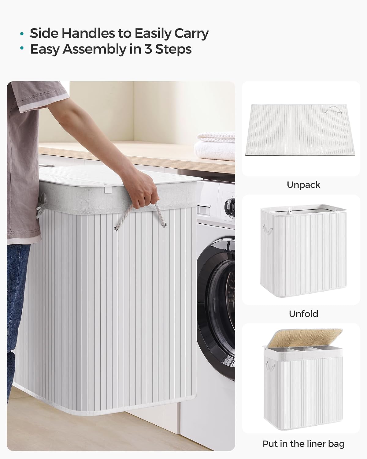 SONGMICS Laundry Hamper, 39.6 Gallons (150L), 3-Section Laundry Basket, Laundry Hamper with Lid, Bamboo, Foldable, Removable and Machine Washable Liner, for Laundry Room, Bedroom, White ULCB091W01