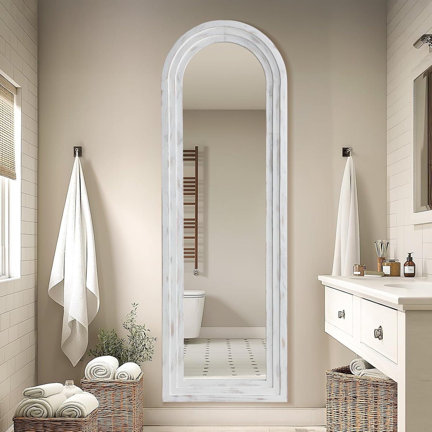 MELOMOIR Arched Full Length Mirror with Solid Wood Frame, 56"x21" Rustic Farmhouse Floor Mirror with Stand, Free Standing Leaning Hanging, for Bedroom Living Room Dressing Room Entryway, Brown