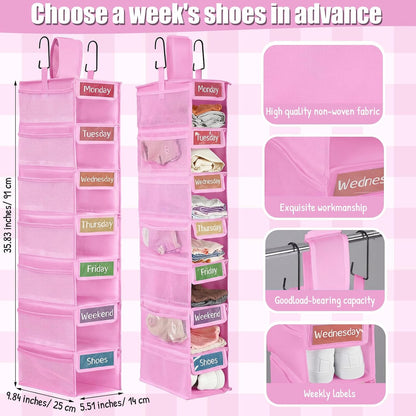 2 Pack 7 Shelf Weekly Clothes Organizer Hanging Closet for Kids with Side Pockets Weekday Shoes Rack Weekly Clothes Organizers Monday Through Weekend Foldable Storage Shelves(Black)