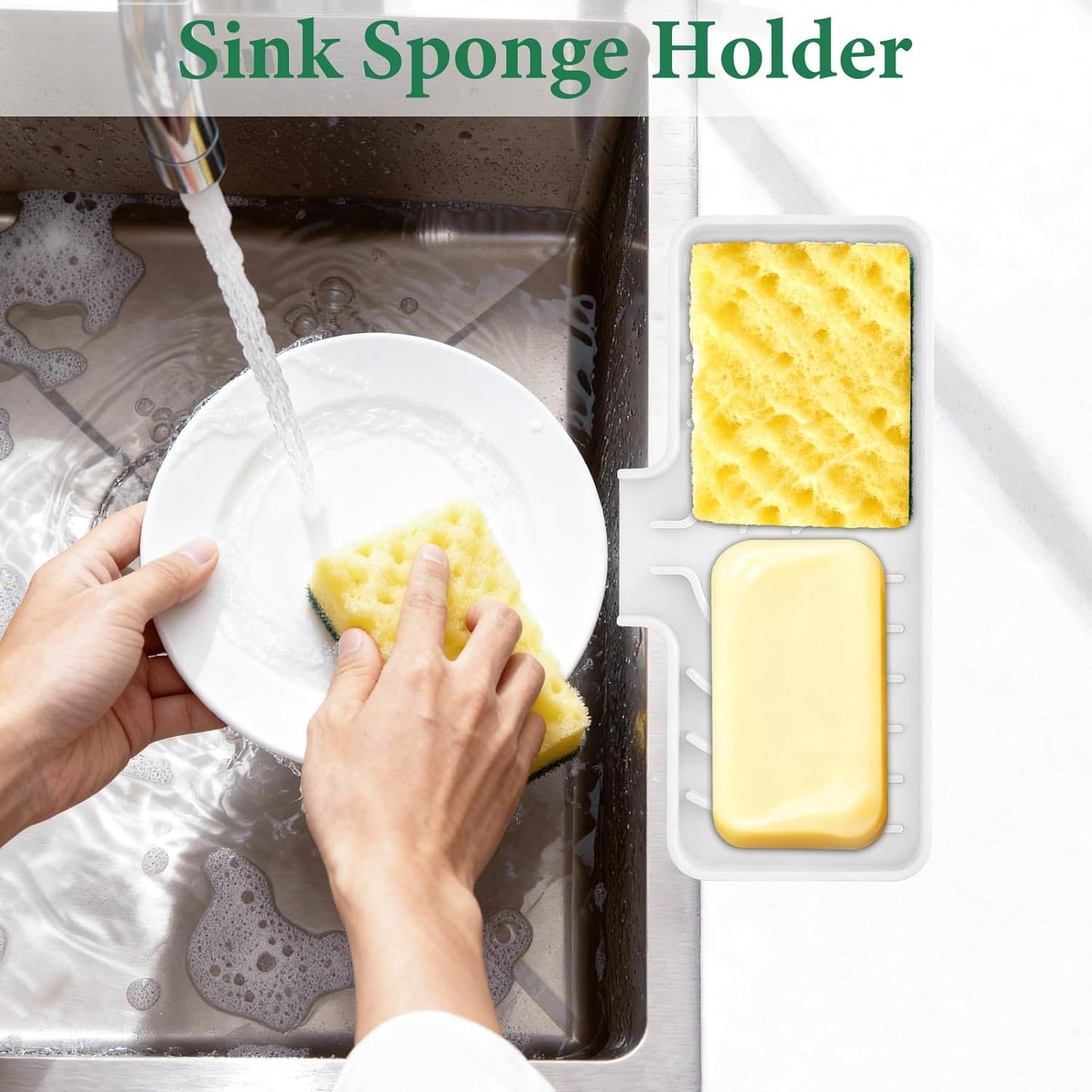 GUUKIN Sponge Holder for Kitchen Sink, Sink Caddy and Soap Tray | 10x4 inch Kitchen Sink Organizer | Compatible with Scrub Daddy, Kitchen Sink Accessories (Grey)