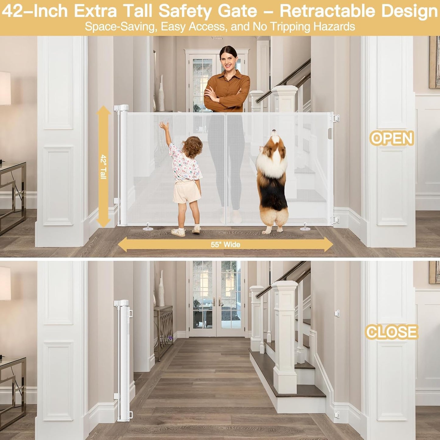 Newly Enhanced - 42" Tall × 120" Extra Wide Retractable Baby Gate Keeps Pets from Getting Under Tall Dog Gate, Indoor/Outdoor Baby Gates for Dogs, Retractable Dog Gate for Large Openings, White