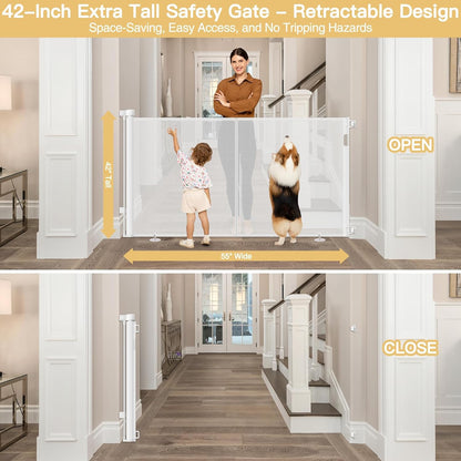 Newly Enhanced - 42" Tall × 120" Extra Wide Retractable Baby Gate Keeps Pets from Getting Under Tall Dog Gate, Indoor/Outdoor Baby Gates for Dogs, Retractable Dog Gate for Large Openings, White