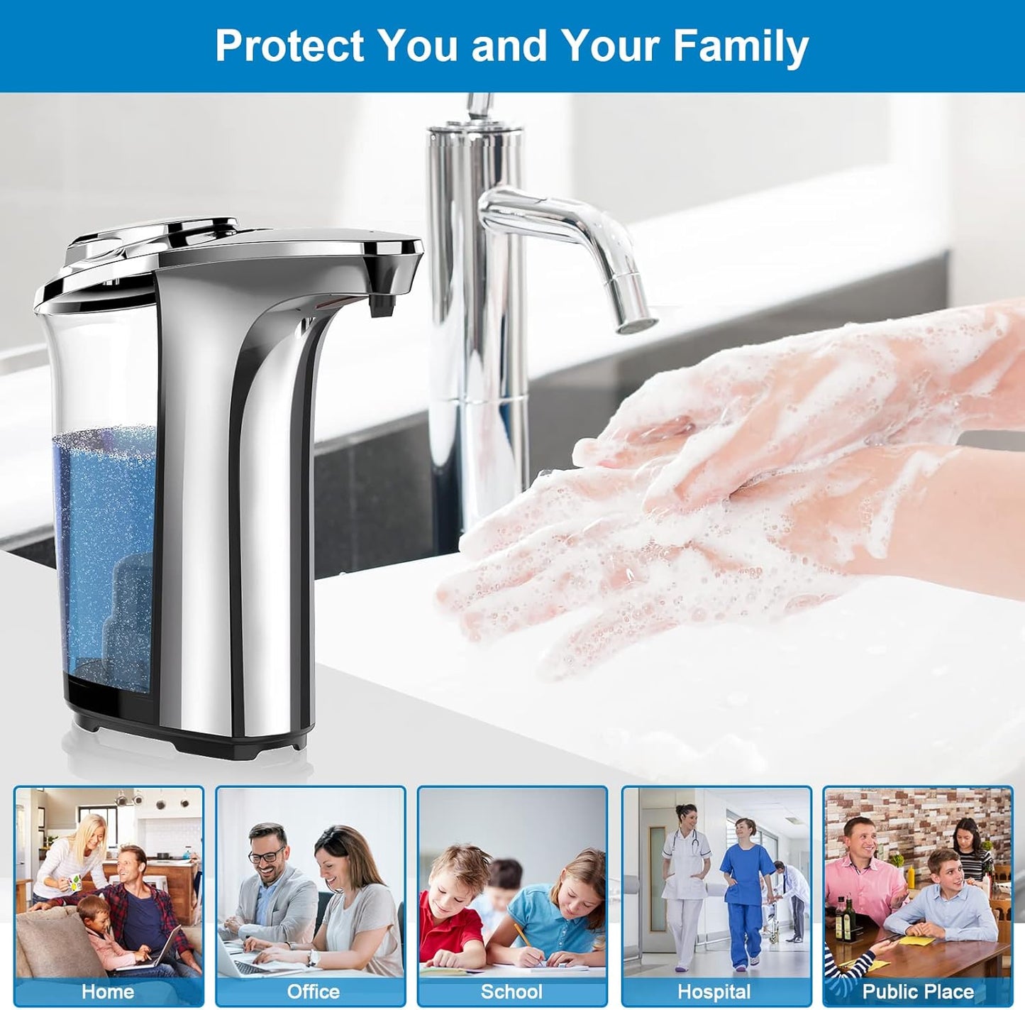 PZOTRUF Automatic Soap Dispenser, Touchless Dish Soap Dispenser 17oz/500ml with Infrared Sensor, 5 Adjustable Soap Dispensing Levels, Liquid Hand Dispenser for Bathroom Kitchen Sink (Silver)