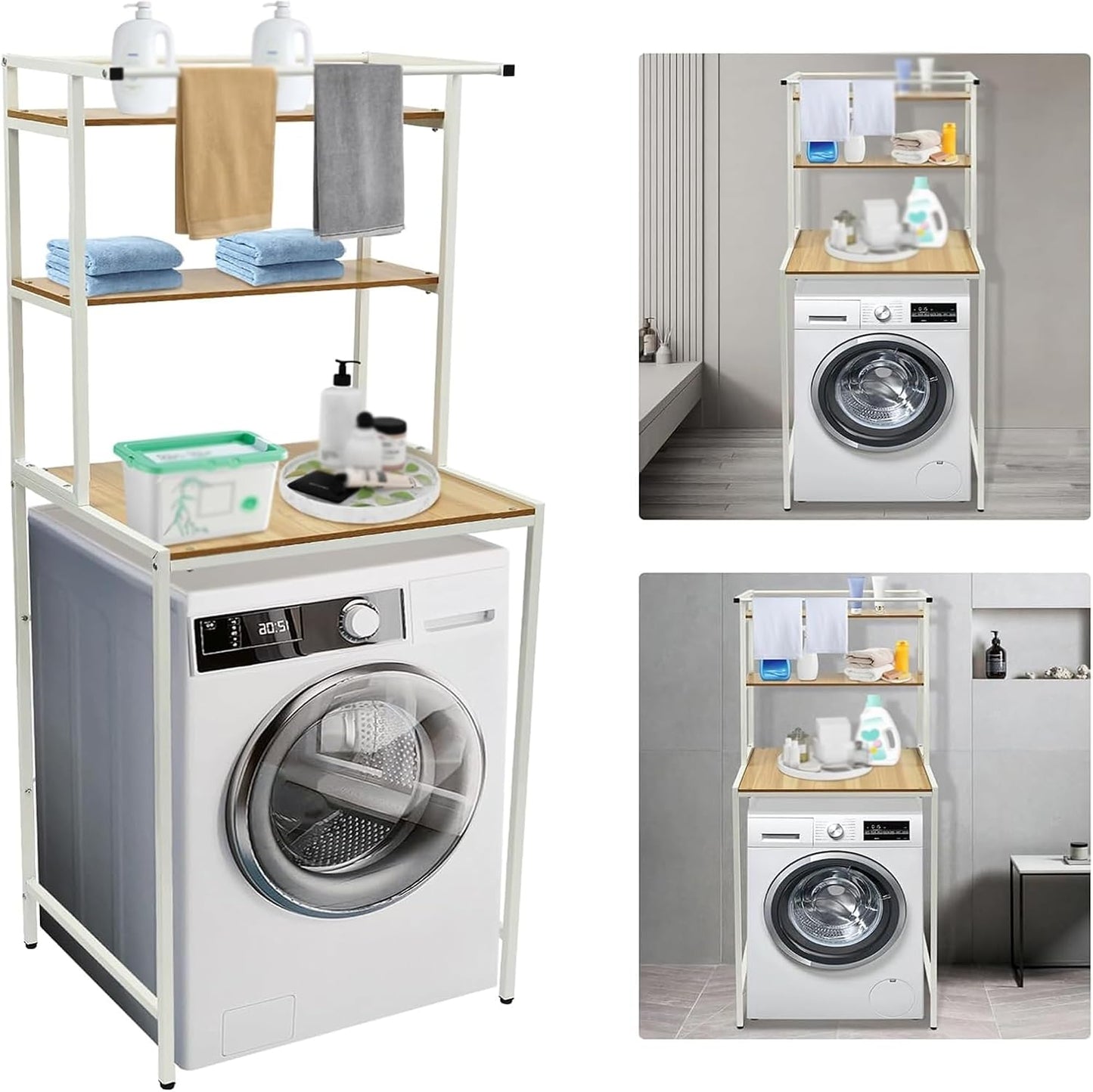 Durable 3-Tier Over The Washer Storage Rack, Freestanding Laundry Organizer with White Metal Frame & Wood Grain Boards, Movable Space Saving Shelf for Front Load Washers & Dryers