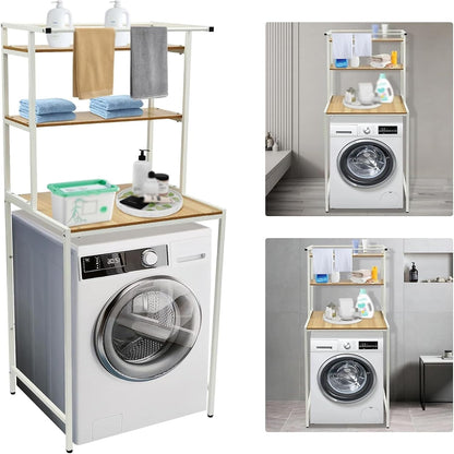 Durable 3-Tier Over The Washer Storage Rack, Freestanding Laundry Organizer with White Metal Frame & Wood Grain Boards, Movable Space Saving Shelf for Front Load Washers & Dryers