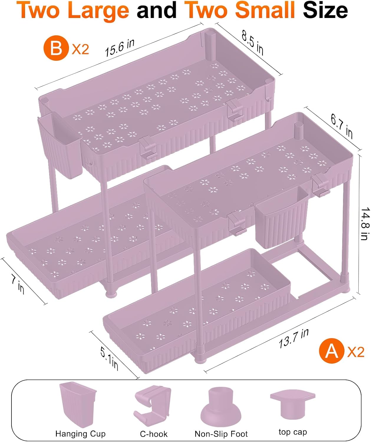 Sevenblue 4-Pack 2-Tier Under Sink Organizer with Pull Out Drawers | Multi-use kitchen & bathroom storage. Includes hanging hooks and cups. Black, space-saving cabinet design.