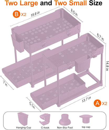 Sevenblue 4-Pack 2-Tier Under Sink Organizer with Pull Out Drawers | Multi-use kitchen & bathroom storage. Includes hanging hooks and cups. Black, space-saving cabinet design.
