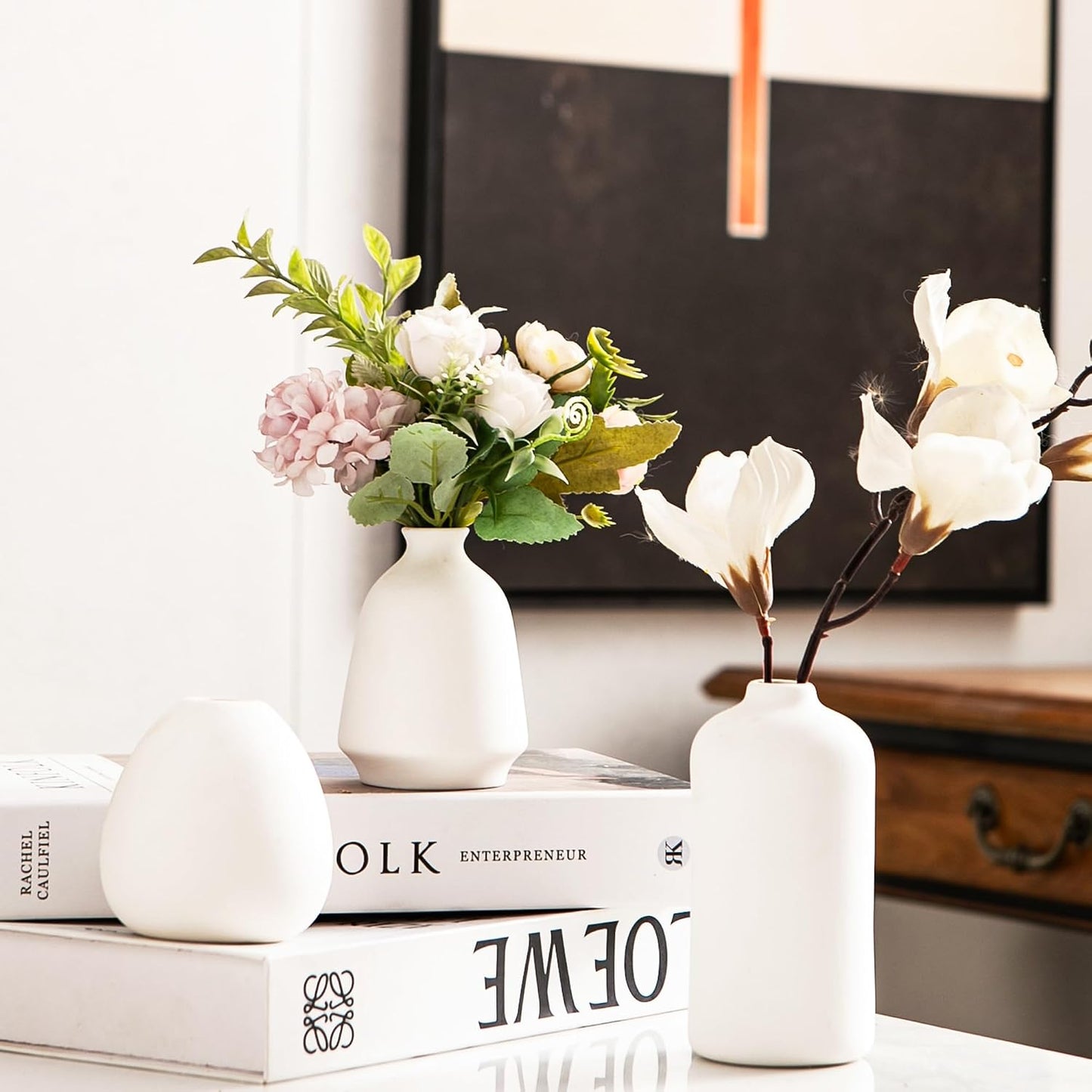 Small Ceramic Vase Set of 5, Modern White Vase, Bud Vase, Boho Decorative Vase for Fireplace, Entryway and Living Room, Centerpiece Table Decorations