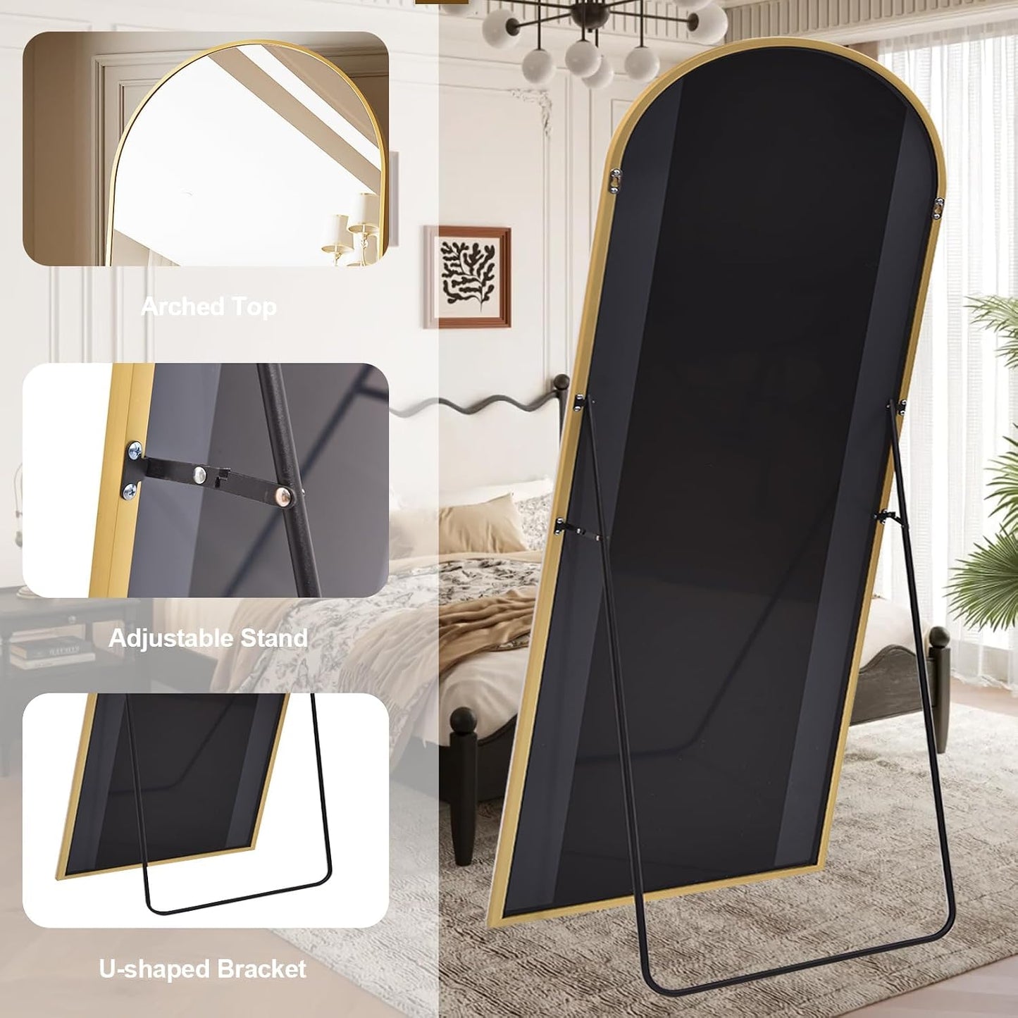 Prywot Arched Full Length Mirror, 70"x26" Free Standing Floor Mirror, Modern Full Body Mirrors with Stand, Wall Mirrors with Aluminum Alloy Frame for Bedroom,Living Room, Gold