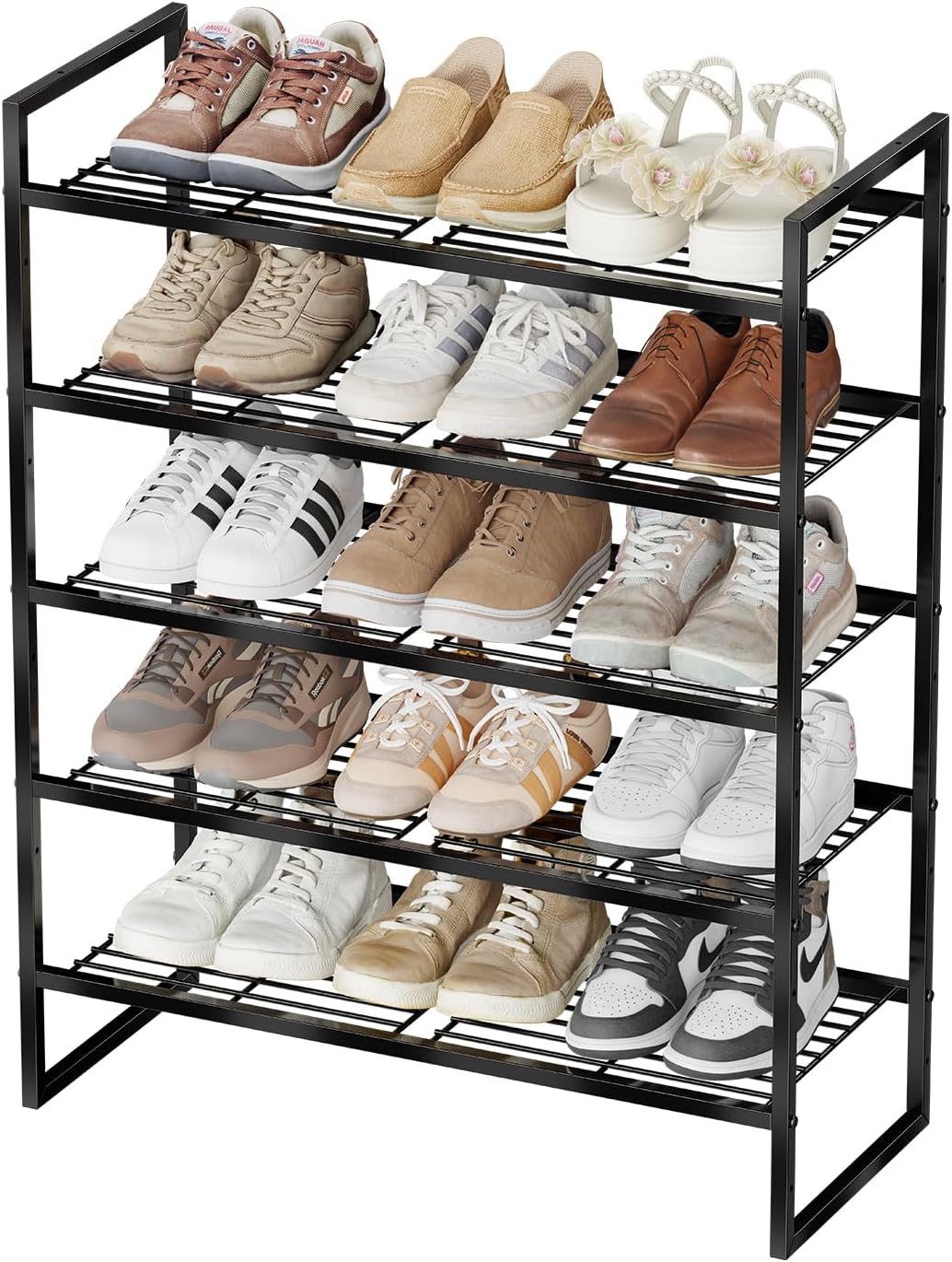 5-Tier Wide Shoe Rack, Metal Shoe Organizer for Closet, Stackable Freestanding Shoe Storage Shelf with Sturdy Wire Grid, Large Capacity Durable Shoe Rack for Entryway Bedroom, Black