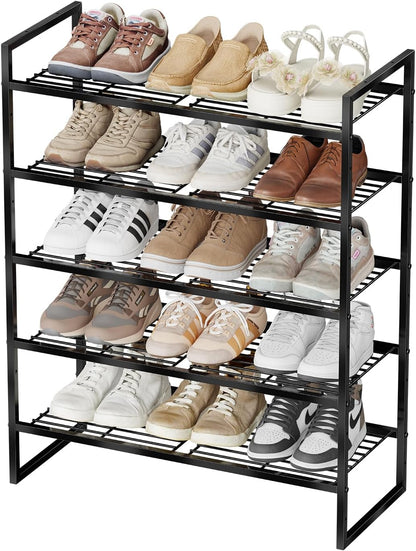 5-Tier Wide Shoe Rack, Metal Shoe Organizer for Closet, Stackable Freestanding Shoe Storage Shelf with Sturdy Wire Grid, Large Capacity Durable Shoe Rack for Entryway Bedroom, Black