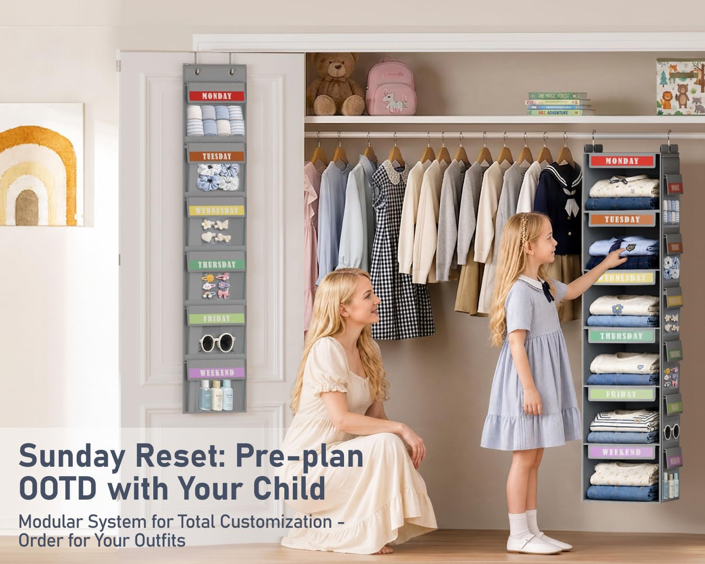DIMJ Hanging Closet Organizer 2 in 1 - Weekly Clothes Organizer for Kids Over the Door Organizer 6-Shelf Daily Monday Friday Weekend Hanging Shelves, for School Outfits, Baby Clothes, Grey