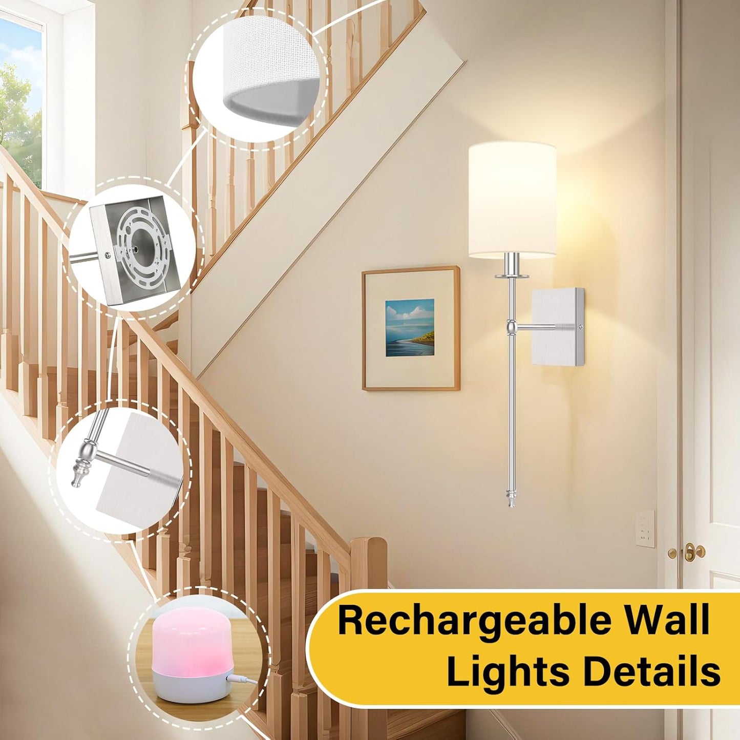 24.8 Inch Black Battery Operated Wall Sconces Set of 2, Rechargeable Wireless Wall Lights with Remote & White Fabric Shade, Indoor Not Hardwired Dimmable Wall Lamps for Bedroom, 2 Bulbs Included