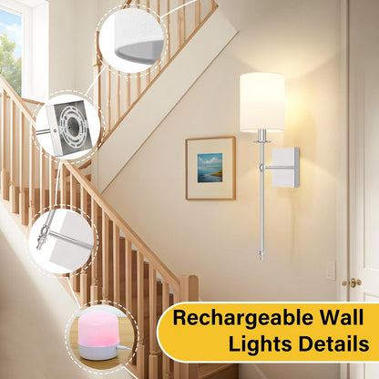24.8 Inch Black Battery Operated Wall Sconces Set of 2, Rechargeable Wireless Wall Lights with Remote & White Fabric Shade, Indoor Not Hardwired Dimmable Wall Lamps for Bedroom, 2 Bulbs Included