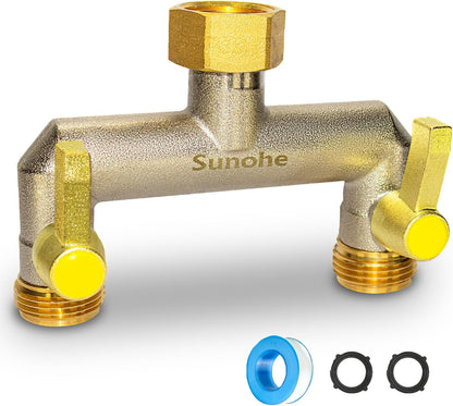 Garden Hose Splitter, Water Hose Splitter 2 Way Heavy Duty Brass Nickel Plated, Extended Metal Handle 3/4-Inch Hose Manifold, Rust and Freeze Resistant High Flow Outdoor Faucet Splitter