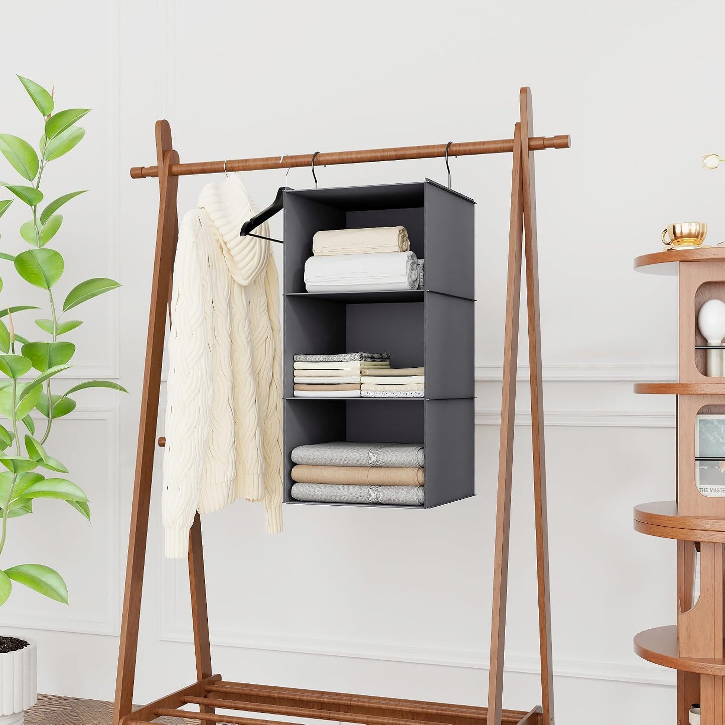 Hanging Closet Organizer 3-Shelf, Oxford Fabric Wardrobe Storage, Gray | Easy-mount foldable design holds clothes, handbags, shoes & accessories; washable Oxford fabric, sturdy and space-saving.