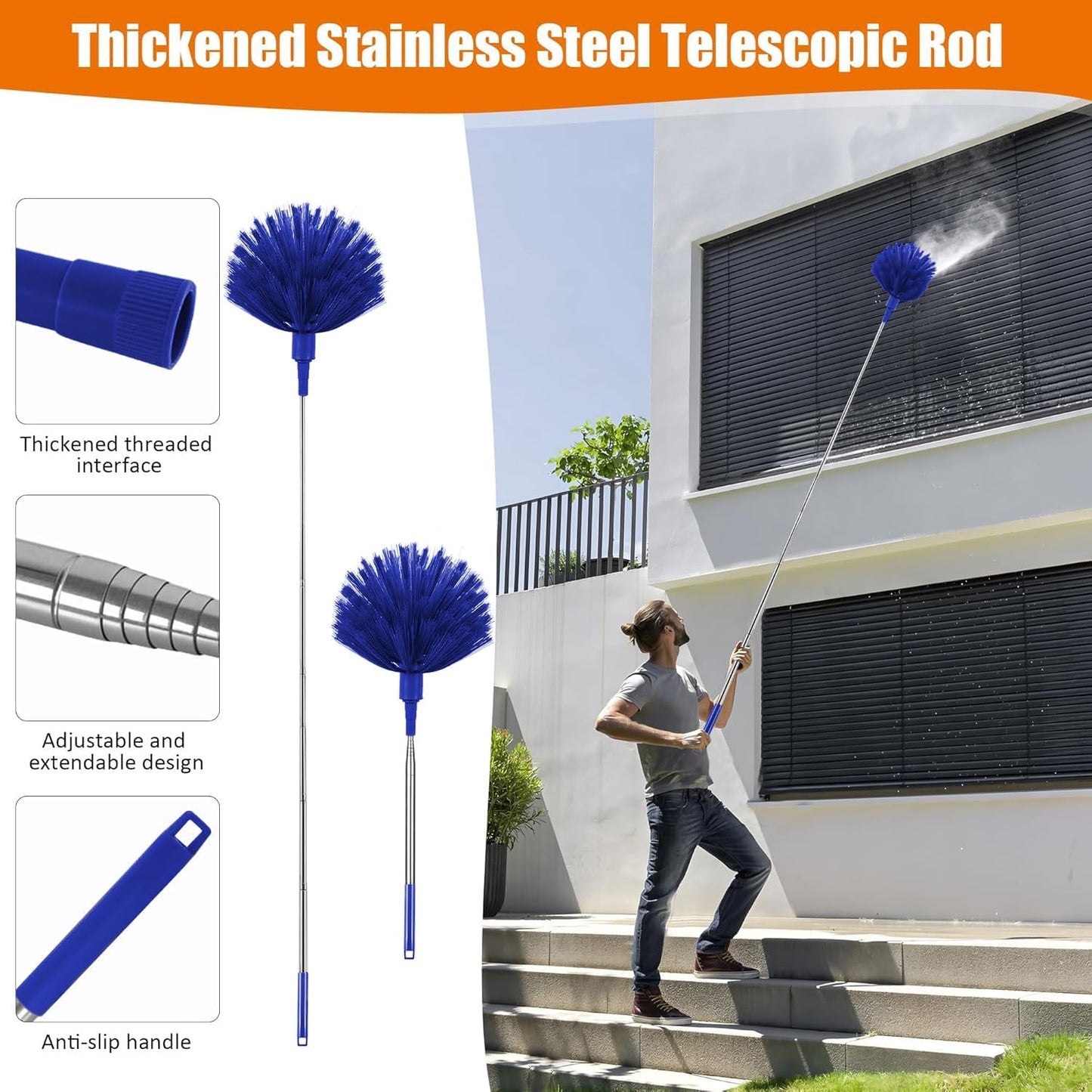 4 Pcs Microfiber Cobweb Duster with 100-inch Extendable Pole, Washable and Reusable Feather Cleaning Duster Kit with 3 Duster Heads,Dusters for Cleaning with Telescopic Pole for High Ceiling Fan