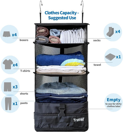 Grand Fusion Stow-N-Go Hanging Travel Shelves, Packing Organizer for Luggage. Carry on Closet for Suitcase. Expandable Packing Cube. Travel Essentials. (Black - L, L = (L) 11.8" x (W) 11.8")