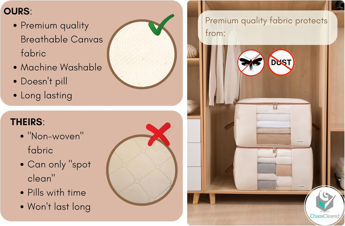 Chaos Cleared Canvas Storage Bags Designer Organizer for Comforters 2 Pack – Seasonal Storage for Pillows, Blankets, Linens & Garments – Foldable Design with Zip & Window, Moth-Proof Space Saver
