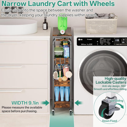 DTUQYX Slim Rolling Storage Cart, 4 Tier Small Organizer Cart with Wheels, Metal Utility Shelf Kitchen Bathroom Laundry Room Organization Trolley with Handle for Narrow Space (9.1" W Metal Basket)
