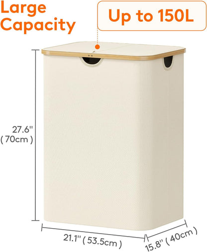 Lifewit 120L Laundry Basket with Lid, Clothes Hampers for Laundry with Bamboo Handles and 2 Removable Bag, Large Foldable Laundry Hamper for Bedroom, Bathroom, Dorm, Laundry Room, Beige